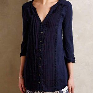 ANTHROPOLOGIE Rae Pintuck Tunic Navy Shirt NEW